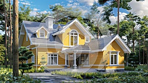 Yellow cozy two story house in the suburbs at forest lush