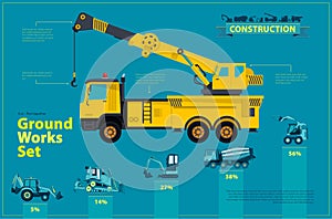 Yellow crane. Blue infographic set, ground works blue machines vehicles.