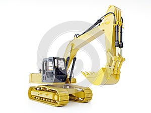 Yellow crawler excavator on white photo