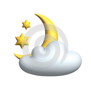 Yellow Crescent Moon with stars and cloud. 3d vector icon. Cartoon minimal style.