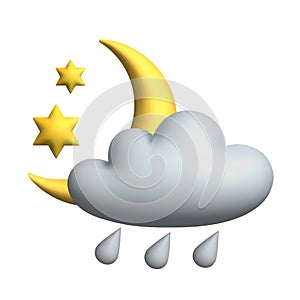 Yellow Crescent Moon with stars and cloud. 3d vector icon. Cartoon minimal style.