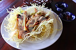 Yellow crispy noodle with chicken and vegatables photo