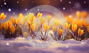 Yellow crocus flowers blooming in snow in the soft morning light, generated by ai