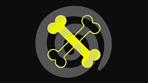 Yellow Crossed bones icon isolated on black background. Pets food symbol. Happy Halloween party. 4K Video motion graphic