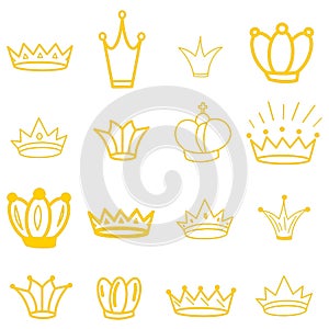 Yellow Crowns. Tiara. Diadem. Sketch crown. Hand drawn queen tiara, king crown. Royal imperial coronation symbols