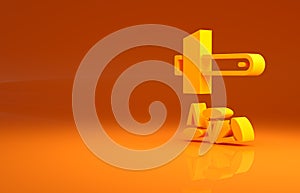 Yellow Crucifixion of Jesus Christ icon isolated on orange background. Hammer and old nails. Good Friday, Passion of