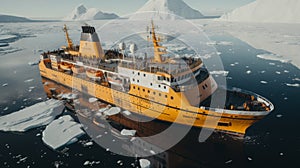 yellow cruise ship in Antarctica among the ice floes