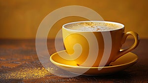 A yellow cup of coffee on a saucer with some sugar, AI