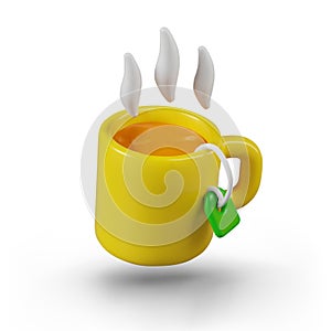 Yellow cup with hot drink and thread tea label. Concept of warming, healing drink