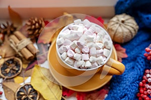 A yellow cup with marshmallows a saucer on autumn leaves on a blue scarf, a candle, acorns, pumpkin, .and apples on the