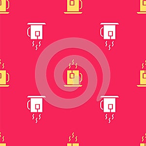 Yellow Cup of tea with tea bag icon isolated seamless pattern on red background. Vector Illustration