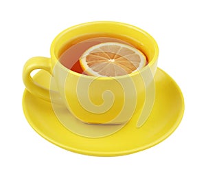 Yellow cup of tea with lemon