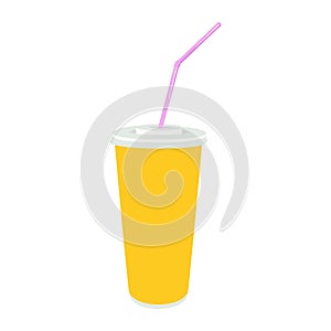 Yellow Cup template with drinking straw, isolated on white background. For coffee, tea, Cola, cocktails, soda or cold beverage. Ve