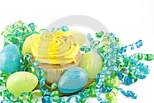 Yellow Cupcake with Easter Eggs and decorations
