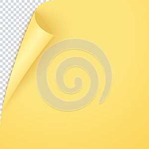 Yellow curled corner page, empty bent paper template. Vector post for notes, memory, remind. Bent realistic yellow page