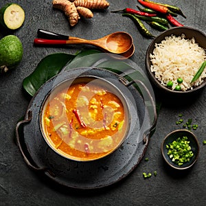 Yellow curry with chicken in bowl on dark background