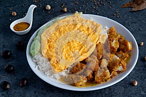 Yellow curry fired chicken with rice in black background