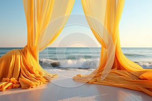 Yellow curtain and product showcase on tropical beach background. Generative ai