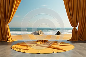 Yellow curtain and product showcase on tropical beach background. Generative ai