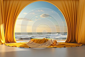 Yellow curtain and product showcase on tropical beach background. Generative ai