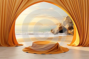 Yellow curtain and product showcase on tropical beach background. Generative ai