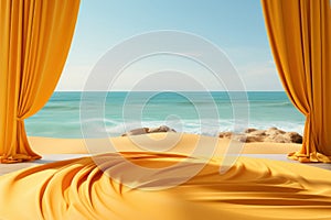 Yellow curtain and product showcase on tropical beach background. Generative ai