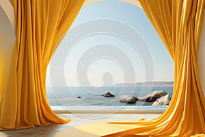 Yellow curtain and product showcase on tropical beach background. Generative ai