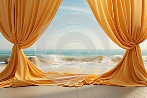 Yellow curtain and product showcase on tropical beach background. Generative ai