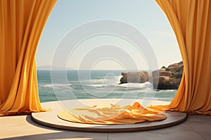 Yellow curtain and product showcase on tropical beach background. Generative ai