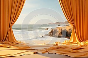 Yellow curtain and product showcase on tropical beach background. Generative ai