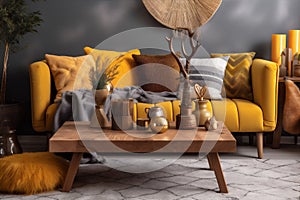 yellow cushion home house sofa modern grey pillow interior decor bright. Generative AI.