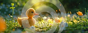 Yellow cute little duckling on spring meadow with flowers in sunny day. Duck chick the field. Happy easter