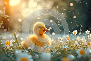 Yellow cute little duckling on spring meadow with flowers in sunny day. Duck chick the field. Happy easter