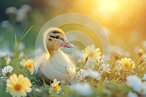 Yellow cute little duckling on spring meadow with flowers in sunny day. Duck chick the field. Happy easter