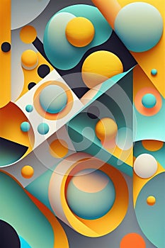 Yellow and cyan colorful circles and geometric shapes in a vertical design illustration