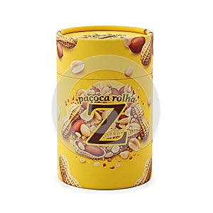 A yellow cylindrical container of pacoca rolha on transparent background