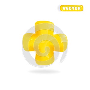 Yellow 3d icon with plus sign on white background. Cartoon 3d icon for children's website. Vector render illustration