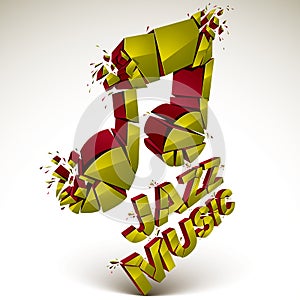 Yellow 3d vector musical note created from refractions isolated