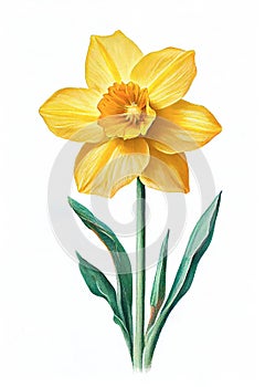 Yellow daffodil flower drawing isolated on white background. Watercolor, hand drawn style, ai generation