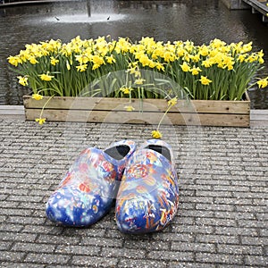 The Yellow daffodils near the fountain on the background of trees in the botanical garden in Keukenhof and traditional Dutch shoes