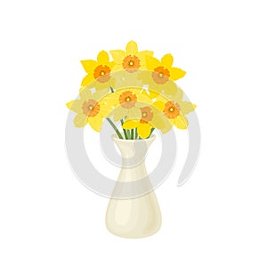 Yellow daffodils in a white vase isolated. Vector cartoon illustration