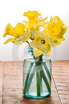 Yellow dafodills in blue jar