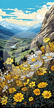 Yellow Daisies And Flowers In The Valley: A Becky Cloonan Inspired Wilderness Endurance Art photo