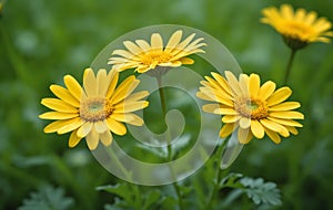 Yellow daisies in the green grass, shallow depth of field