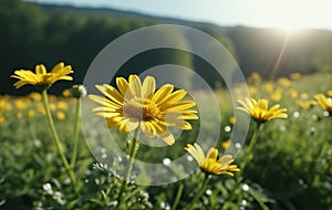 Yellow daisies on a green meadow. Sun rays shine through the flowers.