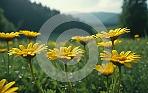 Yellow daisies in the meadow in front of a forest