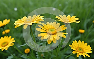 Yellow daisies in the meadow in front of a forest