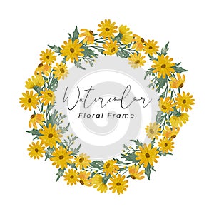 Yellow daisy flower watercolor frame design hand drawing with yellow flower color and green leaf color