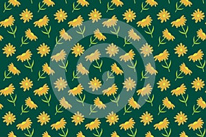 Yellow Daisy Flowers Seamless Pattern. Vector Green Background. Chamomile with Orange Petals