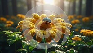 Yellow daisy with raindrops and a beetle, surrounded by a soft forest bokeh. photo
